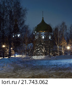 Иоакимо-Анненский храм (Ульяновск, Россия) ночью, на фоне зимнего неба, и деревья (ели, березы), покрытые снегом. Стоковое фото, фотограф oleg savichev / Фотобанк Лори