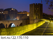 Evening view of medieval stone bridge with gate. Besalu. Стоковое фото, фотограф Яков Филимонов / Фотобанк Лори