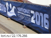 Ветер колышет баннер чемпионата по зимнему плаванию (2016 год). Редакционное фото, фотограф Анатолий Матвейчук / Фотобанк Лори