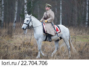 Красный комиссар на коне на опушке осеннего леса. Международный военно-исторический фестиваль "Гражданская война в России. Северо-Запад, 1919г" (2015 год). Редакционное фото, фотограф Виктор Карасев / Фотобанк Лори