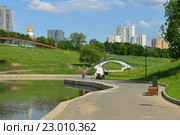 Пешеходные дорожки и мостик в парке на Олимпийских прудах. Купол храма Благоверного Князя Александра Невского (2016 год). Стоковое фото, фотограф lana1501 / Фотобанк Лори