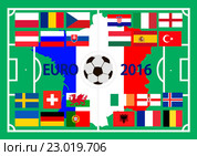 ЕВРО 2016. Франция. Футбольное поле с флагами участников. Стоковая иллюстрация, иллюстратор Геннадий Милуцкий / Фотобанк Лори