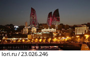 Ночной вид на башни Flame Towers - Огненные Башни. Баку. Азербайджан. Редакционное видео, видеограф Евгений Ткачёв / Фотобанк Лори