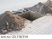 Вырытая яма для посадки деревьев на тротуаре из тротуарной плитки. Стоковое фото, фотограф Иванов Алексей / Фотобанк Лори