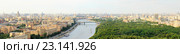 Панорама центра Москвы - Крымский мост, Андреевский мост, Патриарший мост, храм Христа Спасителя, памятник Петру I, Москва-река, парк имени Горького, прогулочные теплоходы, набережная, Центральный дом художника, Кремль, Министерство обороны, Останкинская телевышка, Министерство иностранных дел. Вид сверху (2016 год). Стоковое фото, фотограф Олег Иванов / Фотобанк Лори