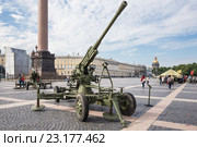 Советская зенитная пушка времен Великой Отечественной войны на военно-патриотической акции «Мы насмерть стояли у стен Ленинграда», посвященной Дню памяти и скорби на Дворцовой площади, Санкт-Петербург (2016 год). Редакционное фото, фотограф Галина Ермолаева / Фотобанк Лори
