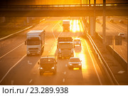 Перестроение автомобилей из ряда в ряд на Ленинградском шоссе в лучах заката (2016 год). Редакционное фото, фотограф Сайганов Александр / Фотобанк Лори