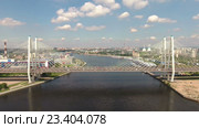 Приближение камеры к вантовому мосту, полет. Большой Обуховский мост. Река Нева, Санкт-Петербург (2016 год). Стоковое видео, видеограф Кекяляйнен Андрей / Фотобанк Лори