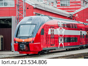 Электропоезд ЭШ2-002 Stadler KISS RUS (АЭРО) «Евразия» в депо имени Ильича (2015 год). Редакционное фото, фотограф Алёшина Оксана / Фотобанк Лори