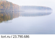 Осенний лес на берегу озера Сенеж в тумане (2016 год). Стоковое фото, фотограф Алёшина Оксана / Фотобанк Лори
