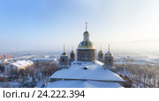 Зимняя панорама города Пенза с православным кафедральным собором на переднем плане в морозный солнечный день. Вид сверху (2016 год). Стоковое фото, фотограф Олег Иванов / Фотобанк Лори