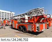 Автолестница пожарная АЛ-50 (КАМАЗ- 65115). Выставка спецтехники МЧС у здания администрации Владимирской областной. Город Владимир (2016 год). Редакционное фото, фотограф Макаров Алексей / Фотобанк Лори