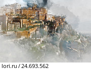 Вид на Gordes,  красивая деревня во Франции. Стоковая иллюстрация, иллюстратор Alexander Tihonovs / Фотобанк Лори