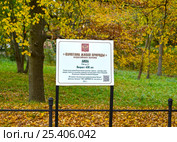 Информационный стенд "Памятник живой природы Всероссийского значения - липа. Возраст 450 лет". Светлогорск, Калининградская область (2013 год). Редакционное фото, фотограф Ирина Борсученко / Фотобанк Лори