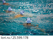 Игроки команды Динамо в матче Чемпионата России по водному поло Динамо-Москва (белый) - Штурм-2002 (черный) (2016 год). Редакционное фото, фотограф Pukhov K / Фотобанк Лори