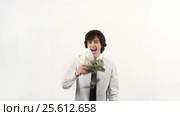 Businessman throws up a pack of dollars on white background. Стоковое видео, видеограф Андрей Зык / Фотобанк Лори