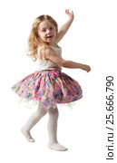 Cute three-year girl jumping with joy isolated on white background. Стоковое фото, фотограф Владимир Мельников / Фотобанк Лори
