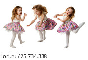 Cute little girl jumping with joy isolated on white background. Стоковое фото, фотограф Владимир Мельников / Фотобанк Лори