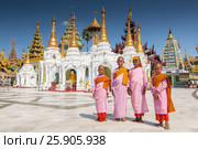 Young Buddhist nuns at Shwedagon Paya, the most sacred golden buddhist pagoda in Yangon, Myanmar. Редакционное фото, агентство BE&W Photo / Фотобанк Лори