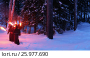 Torchlight procession. Group of monks in hood robe walking along winter snow trail in forest. Стоковое видео, видеограф Сергей Пристяжнюк (Serg Zastavkin) / Фотобанк Лори