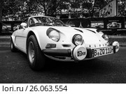 BERLIN - JUNE 14, 2015: Sports car Alpine A110 Berlinette, 1976. Black and white. The Classic Days on Kurfuerstendamm. Редакционное фото, фотограф Sergey Kohl / Фотобанк Лори