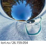 Wide-angle panorama of man on ice melting river. Стоковое фото, фотограф Zakirov Aleksey / Фотобанк Лори