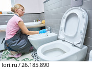 Cleaning service. woman clean toilet sink. Стоковое фото, фотограф Дмитрий Калиновский / Фотобанк Лори