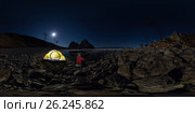 Spherical panorama 360 180 of man at tent on stone beach on shore of Lake Baikal at night. Редакционное фото, фотограф Zakirov Aleksey / Фотобанк Лори