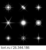 Set of sparkling white stars on black. Стоковая иллюстрация, иллюстратор Анастасия Некрасова / Фотобанк Лори