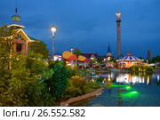 SOCHI, RUSSIA - June 18, 2017: Lovely night view of Sochi Park, which entered the TOP-25 of the best parks in Europe in 2016. Редакционное фото, фотограф Анна Мартынова / Фотобанк Лори