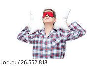 Comfortable pose for sleeping on the back, portrait of a woman in pajamas on a white background. Стоковое фото, фотограф Константин Лабунский / Фотобанк Лори