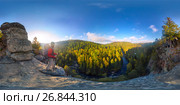 Backpacker on top of a rock fall at dawn. Spherical panorama 360 180 degrees equidistant. Стоковое фото, фотограф Zakirov Aleksey / Фотобанк Лори