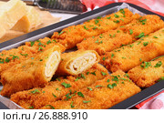 breaded taquitos with chicken meat in baking dish. Стоковое фото, фотограф Oksana Zh / Фотобанк Лори