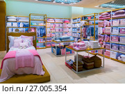 Moscow, Russia - September 15. 2017. Childrens bedding in shop Zara Home store in the mall Zelenopark. Редакционное фото, фотограф Володина Ольга / Фотобанк Лори