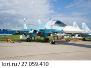 Российский многофункциональный истребитель-бомбардировщик Су-34 на авиашоу МАКС-2017. Жуковский, Россия. Редакционное фото, фотограф Виктор Карасев / Фотобанк Лори