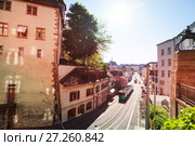 City tram on the ancient street of Basel in summer (2017 год). Стоковое фото, фотограф Сергей Новиков / Фотобанк Лори