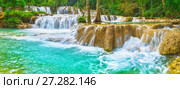 Tat Sae Waterfalls. Beautiful landscape, Laos. Panorama (2017 год). Редакционное фото, фотограф Ольга Хорошунова / Фотобанк Лори