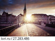 city center of Zurich with famous Fraumunster Church, Switzerland (2017 год). Стоковое фото, фотограф Iakov Kalinin / Фотобанк Лори