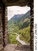 View from the castle of Mesocco on the highway and the town of Soazza in the valley of the river Moesa, Switzerland (2013 год). Стоковое фото, фотограф Юлия Бабкина / Фотобанк Лори