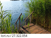 Summer lake calm beach with wood steeps to the water. Стоковое фото, фотограф Юрий Брыкайло / Фотобанк Лори