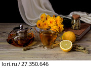 Useful herbal tea with a plant (Sideritis scardica) or Greek mountain tea with lemon in a cup and yellow chrysanthemums on a wooden table  close-up. Стоковое фото, фотограф Татьяна Ляпи / Фотобанк Лори