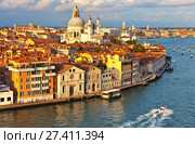 Italy. Venice. Top view of the Dorsoduro district, Cathedral of Santa Maria della Salute, embankment Zattere and Spirito Santo water bus stop in the rays of the setting sun (2016 год). Стоковое фото, фотограф Виктория Катьянова / Фотобанк Лори