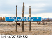 Россия. Якутия. Оймякон. Поселок Томтор. Надпись «Добро пожаловать на полюс холода» (2015 год). Редакционное фото, фотограф Токарева Ирина / Фотобанк Лори