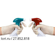 Two hands holding cleaner in spray against each other. Стоковое фото, фотограф Jaroslav Frank / PantherMedia / Фотобанк Лори