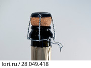 Cork and muselet closure atop a bottle of  sparkling wine, with untwisted wire loop, on a light background. Стоковое фото, фотограф Евгений Харитонов / Фотобанк Лори