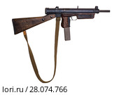 Vintage submachine gun with canvas belt isolated. Стоковое фото, фотограф Евгений Харитонов / Фотобанк Лори