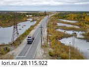 Автомобиль на дороге через болотистую тундру городе Лянтор (2017 год). Редакционное фото, фотограф Мазаев Никита / Фотобанк Лори