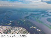 Top View of town on the bank river (2017 год). Стоковое фото, фотограф Владимир Мельников / Фотобанк Лори