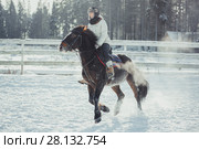 Winter teenage girl jump horse ride jumping. Стоковое фото, фотограф Julia Shepeleva / Фотобанк Лори