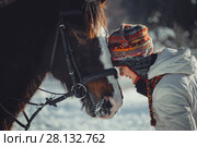 Winter teenage girl jump horse ride jumping. Стоковое фото, фотограф Julia Shepeleva / Фотобанк Лори